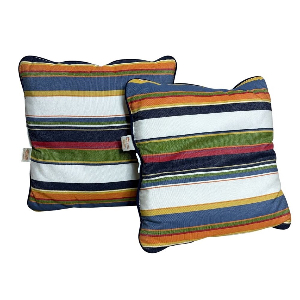 Two Sunbrella Outdoor Pillows Square Striped Red Green Orange